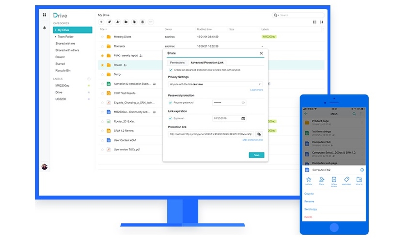 Для доступа к данным можно использовать браузер или мобильное приложение Synology Drive